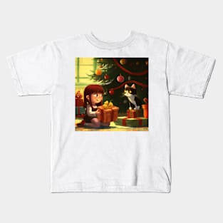 Little Girl and Black Cat on Christmas Morning Kids T-Shirt